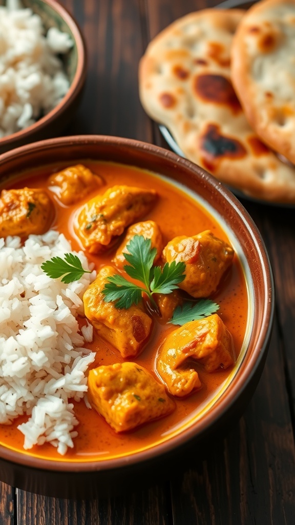 A bowl of chicken curry with rice and naan, garnished with cilantro, on a rustic wooden table.